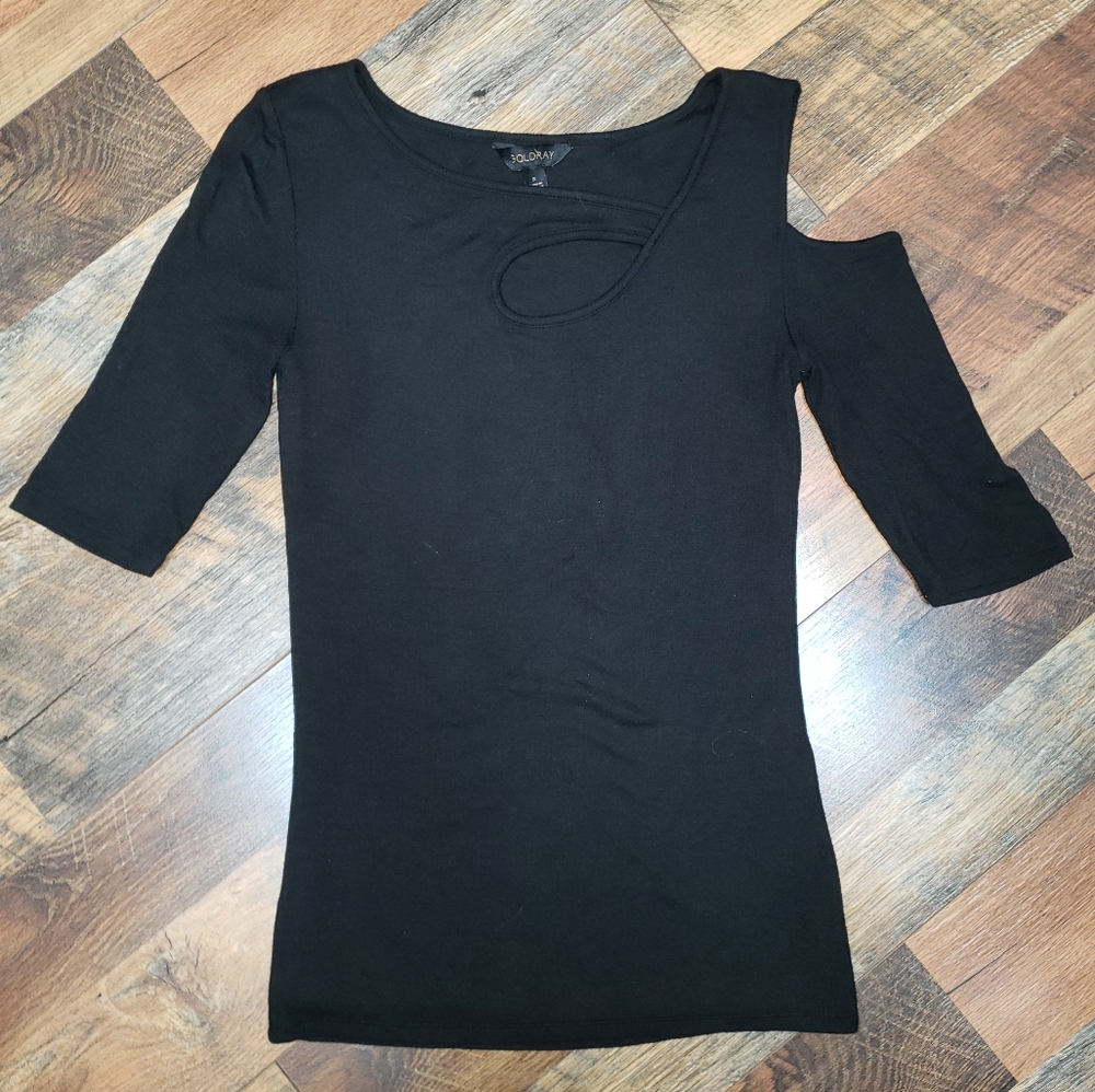 Goldray Garima Black Asymmetrical Cold Shoulder Ribbed Knit Top, Size Small